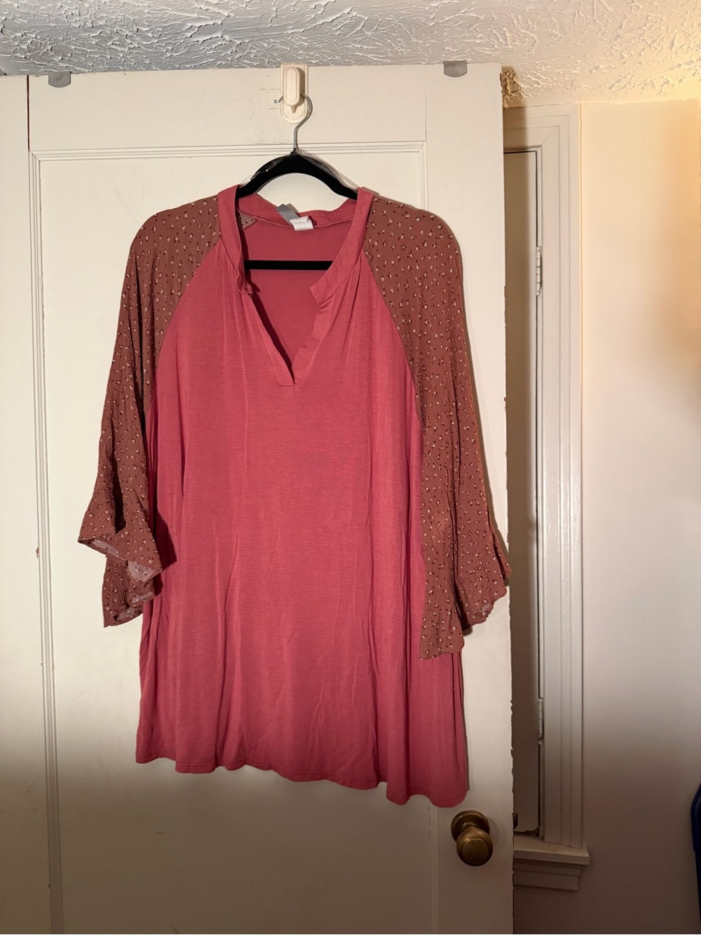 Honeyme Rose Pink Split-Neck Tunic with Dusty Rose Textured Sleeves